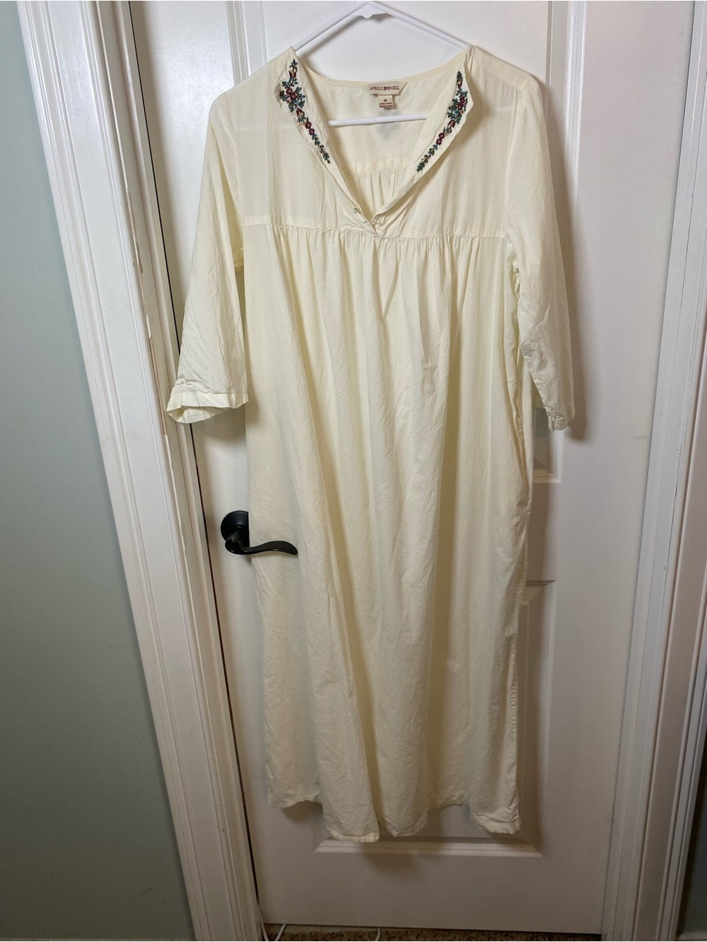 April Cornell Cream Maxi Night Dress with Floral Embroidered Collar